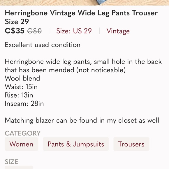 Herringbone Vintage Wide Leg Pants Trouser Size 29 - Picture 9 of 9